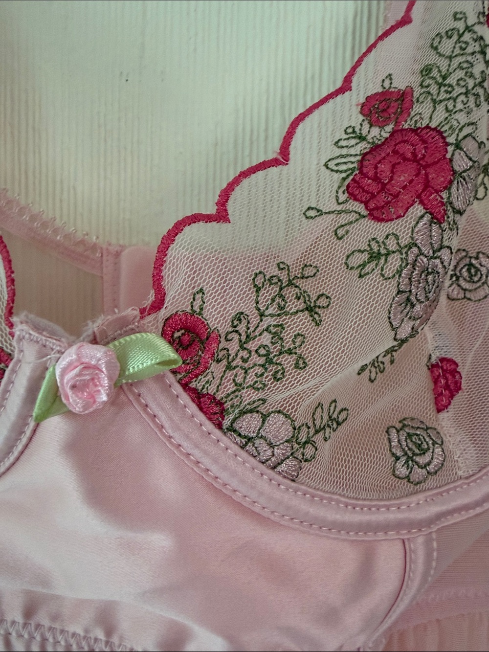 Pink Sheer Mesh Babydoll Lingerie Set with Rose Embroidery